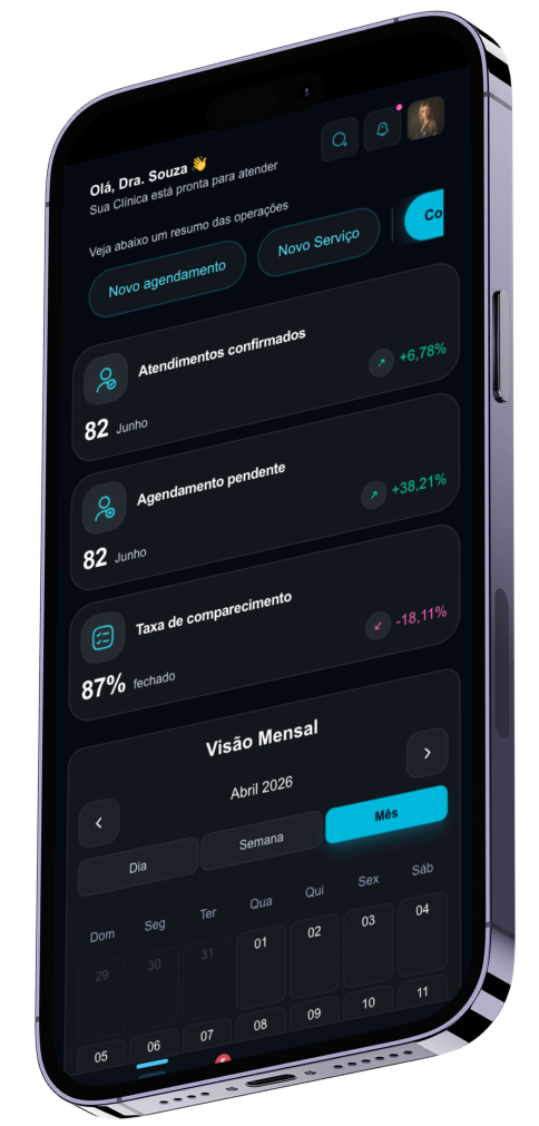 App mobile do Smart Assistants rodando em iPhone com agenda e atendimento WhatsApp